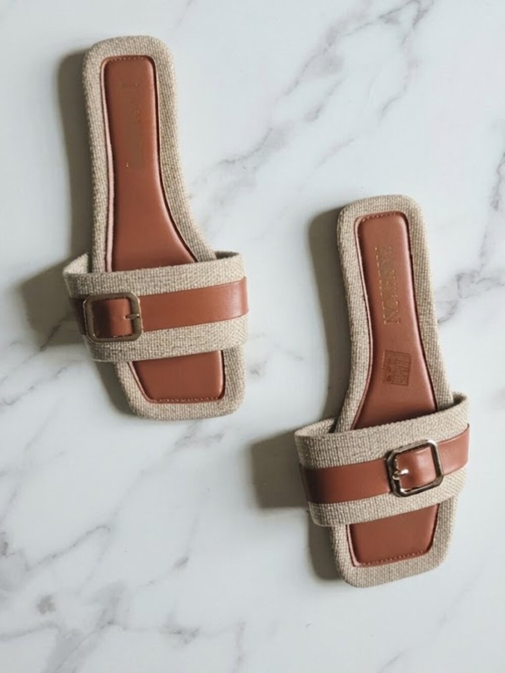 Leather-Trim Beige & Tan Slide Sandals - Size 6.5